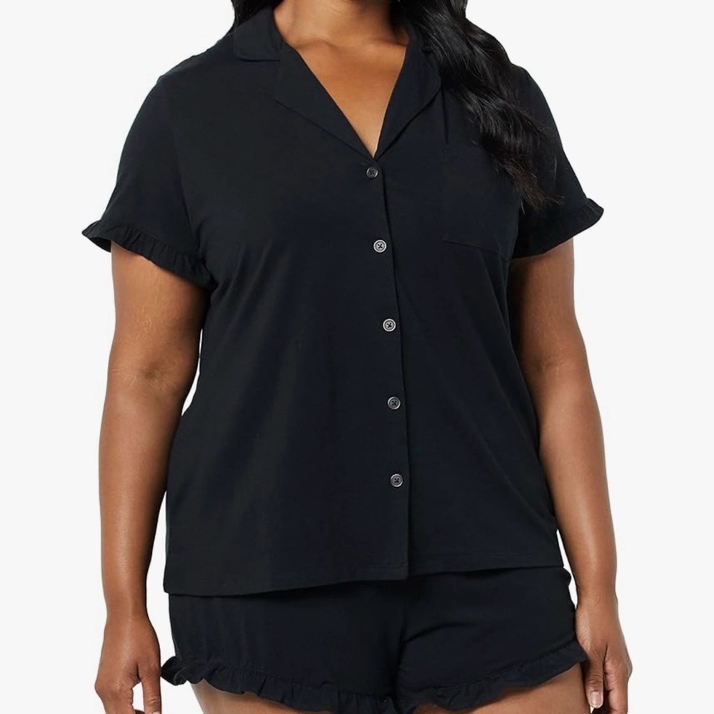 Amazon Essentials Black Short-Sleeve Button Pajama Top & Ruffle Shorts Set